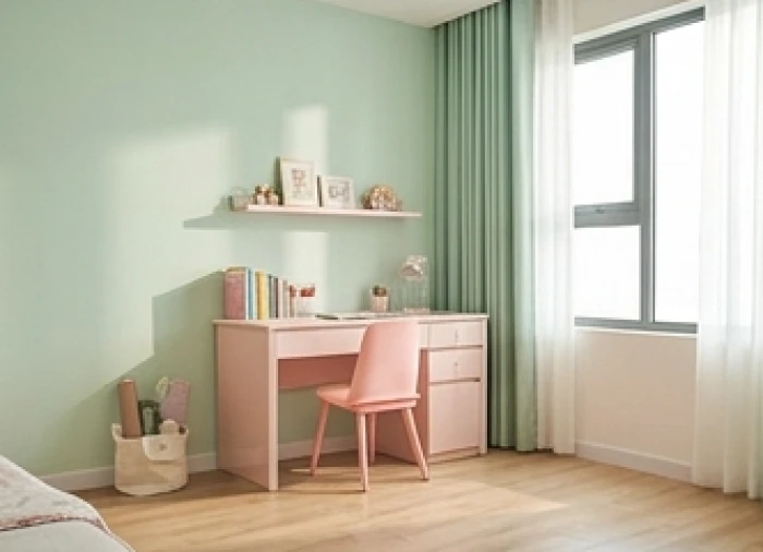 Góc học tập tại nhà bố trí tường rèm xanh lá kết hợp bàn ghế hồng nhạt cùng sàn gỗ vàng nâu
