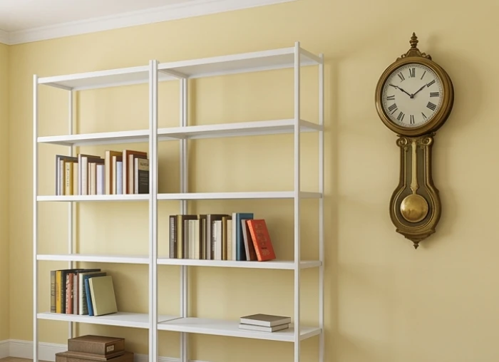 Chiếc kệ lưu trữ bằng sắt sơn tĩnh điện màu trắng và đồng hồ đồng thau nổi bật trên mảng tường sơn vàng nhạt