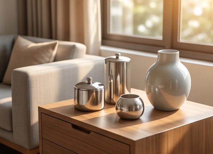 Góc phòng khách trang trí bằng vật dụng kim loại màu bạc và xám giúp tương sinh với nạp âm Đại Hải Thủy