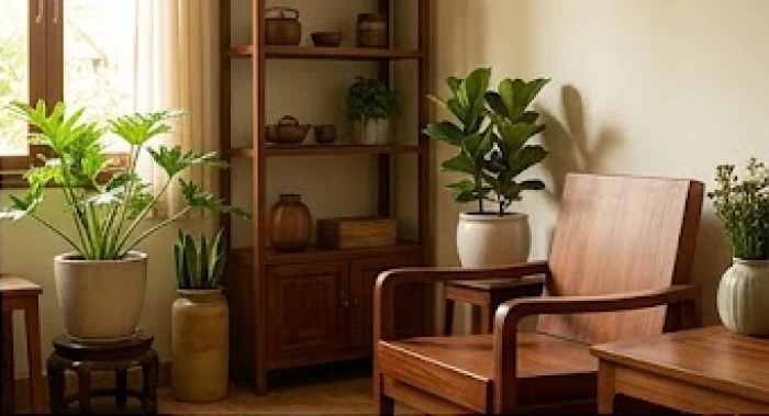 Phòng khách ấm cúng với đồ nội thất bằng gỗ tự nhiên và nhiều cây xanh tươi mát