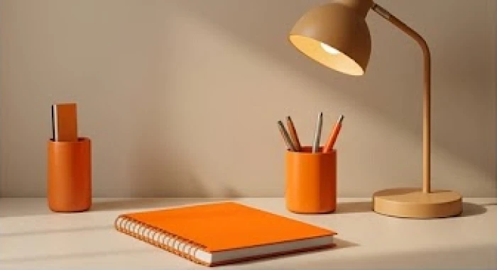 Góc làm việc năng động với các phụ kiện như sổ tay và lọ cắm bút mang tông màu cam rực rỡ nổi bật