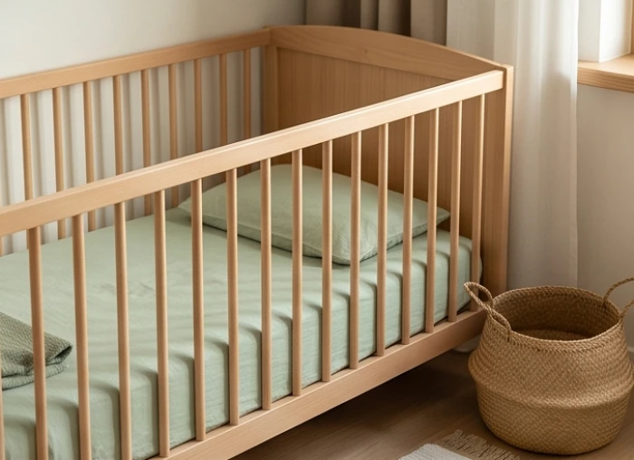 Một góc phòng ngủ nhỏ nhắn được bài trí êm ái với các gam màu xanh lá và đồ nội thất bằng gỗ tự nhiên