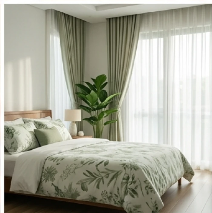 Không gian phòng ngủ tinh tế điểm xuyết rèm cửa và cây xanh hành Mộc giúp bổ trợ năng lượng hòa hợp