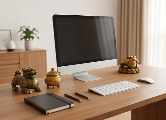 Bàn làm việc gọn gàng được loại bỏ hoàn toàn các tượng linh vật hình gà trống và chuột ra khỏi không gian