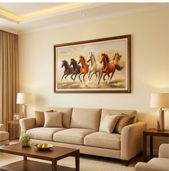 Bức tranh Bát mã quần dương treo ngay ngắn phía sau chiếc ghế sofa màu be trong phòng khách