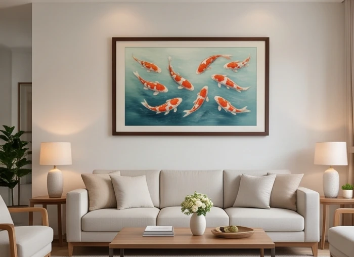 Bức tranh Cửu ngư quần hội chủ đề sông nước được treo trang trọng tại tường phía Bắc phòng khách