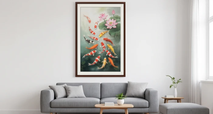 Bức tranh phong thủy với hình ảnh cá chép và hoa sen treo ở mảng tường phía Bắc phòng khách để đón nhận cát khí