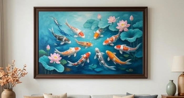 Bức tranh phong thủy cửu ngư quần hội tông màu xanh dương mang lại may mắn tài lộc