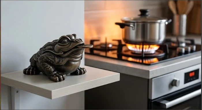Bàn làm việc bài trí sai lầm khi đặt bức tượng thiềm thừ sát vách kính nhìn thẳng ra khu vực bếp