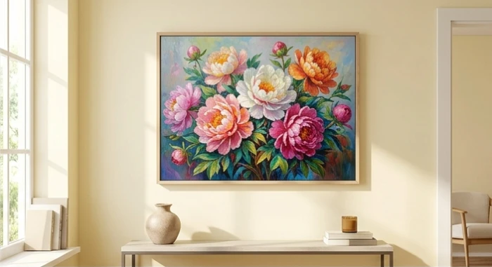 Bức tranh hoa mẫu đơn rực rỡ treo trên bức tường màu vàng kem tạo điểm nhấn ấm áp cho không gian phòng