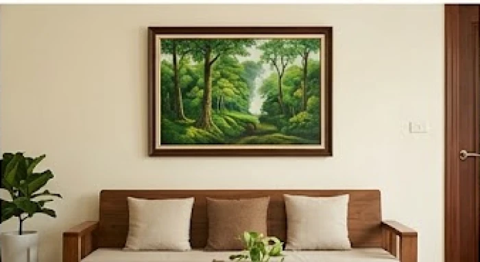 Bức tranh phong thủy vẽ khu rừng xanh tươi treo trên tường phòng khách bằng gỗ