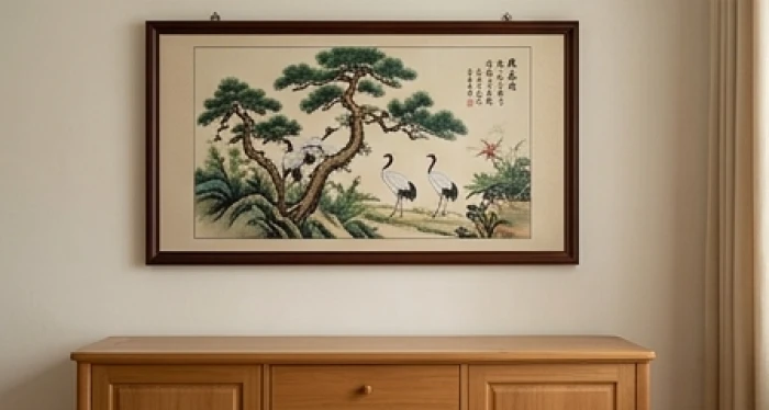 Bức tranh Tùng Hạc Diên Niên treo tường phòng ngủ tạo không gian yên tĩnh chúc thọ cho người tuổi Canh Thìn
