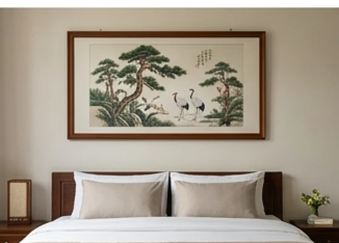 Bức tranh tùng hạc diên niên màu xanh dịu nhẹ treo ngang tầm mắt trên bức tường đối diện giường ngủ