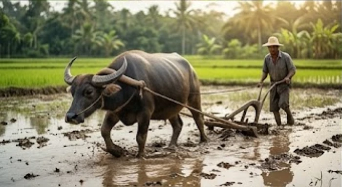Con trâu nước khỏe mạnh đang kéo cày qua lớp bùn lầy sâu trên thửa ruộng ngập nước dưới ánh nắng sớm