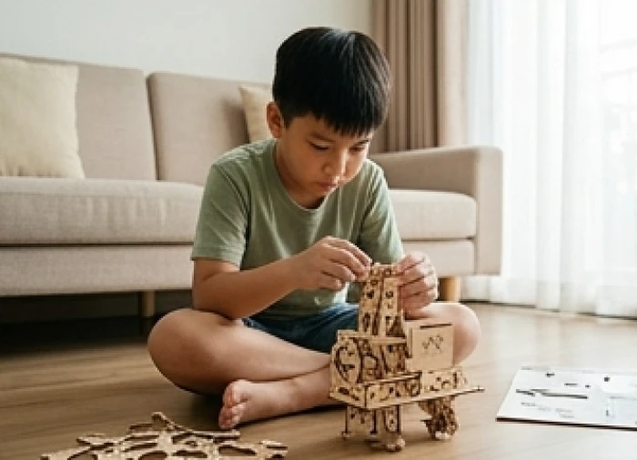 Bé trai tuổi Đinh Dậu đang chăm chú tự tay lắp ráp mô hình phản ánh tính cách trẻ sinh năm 2017 năng động