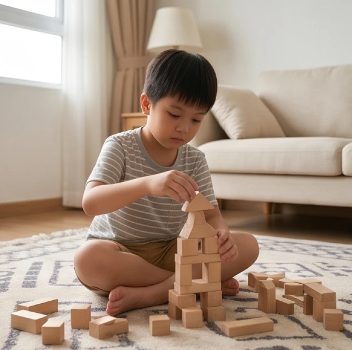 Bé trai 7 tuổi đang kiên nhẫn ngồi lắp ráp các khối gỗ trên thảm phòng khách