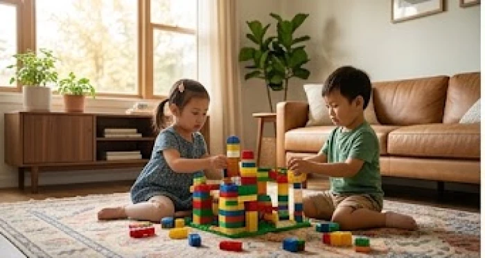 Bé trai và bé gái đang cùng nhau lắp ráp đồ chơi thể hiện sự thông minh và linh hoạt