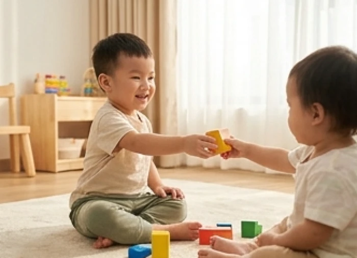 Hai bé Việt Nam vui vẻ chia sẻ đồ chơi gỗ trong không gian sinh hoạt tràn ngập ánh sáng