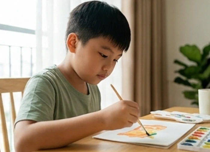 Bé trai sinh mùa xuân đang chăm chú ngồi vẽ tranh minh họa nét tính cách ôn hòa và giàu trí tưởng tượng nghệ thuật