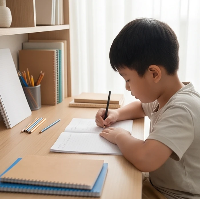 Bé trai 7 tuổi tự giác làm bài tập về nhà bên bàn học ngăn nắp chuẩn bị cho bước ngoặt tiểu học