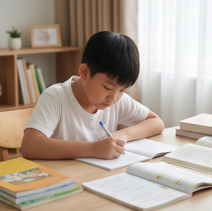 Học sinh 10 tuổi chăm chú làm bài tập về nhà trong không gian yên tĩnh và ánh sáng tự nhiên đầy đủ