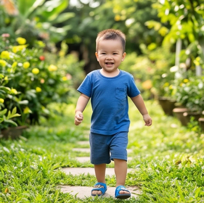 Bé trai vui vẻ chạy nhảy ngoài trời thể hiện nguồn năng lượng thể chất dồi dào và tính cách vô cùng hiếu động