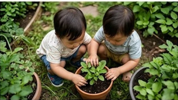 Hai đứa trẻ đang cùng nhau quan sát một cái cây nhỏ trong vườn với ánh mắt đầy tò mò