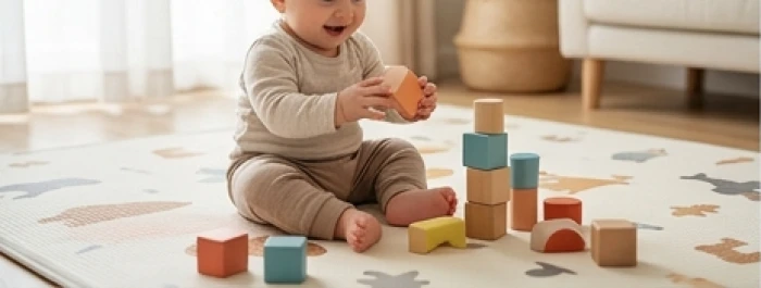 Bé sơ sinh khỏe mạnh với đôi mắt sáng rạng rỡ đang chơi đùa cùng các khối gỗ xếp hình