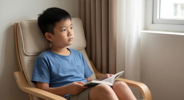 Một bé trai đang ngồi yên tĩnh đọc sách ở góc phòng để quan sát và thích nghi với môi trường xung quanh