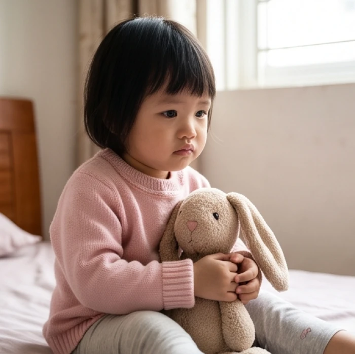 Bé gái với nét mặt buồn bã đang ngồi thu mình lại sau khi vô tình nghe được những lời nhận xét không tích cực