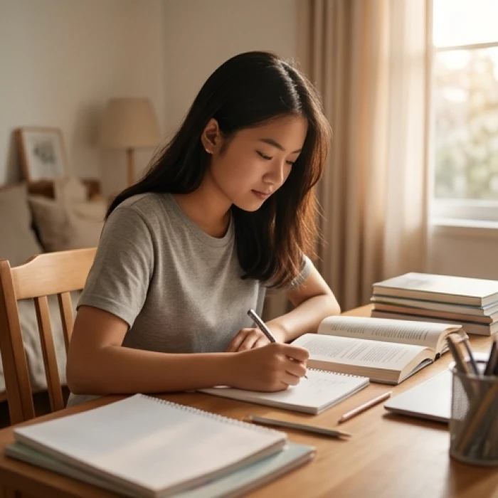 Học sinh ngồi làm bài tập về nhà với phong thái điềm tĩnh và tự giác nhờ thừa hưởng vận khí tháng sinh thuận lợi