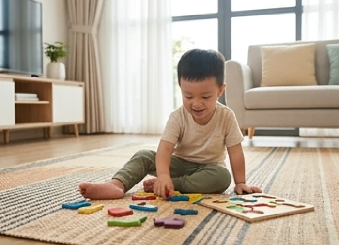 Bé trai hai tuổi tự tin khám phá đồ chơi xếp hình trong phòng khách gia đình Việt Nam