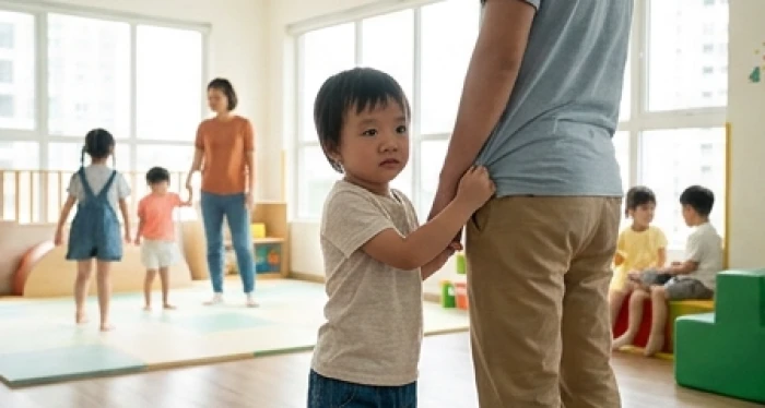 Bé Quý Mão nhút nhát đứng sau mẹ quan sát các bạn chơi đùa từ khoảng cách an toàn