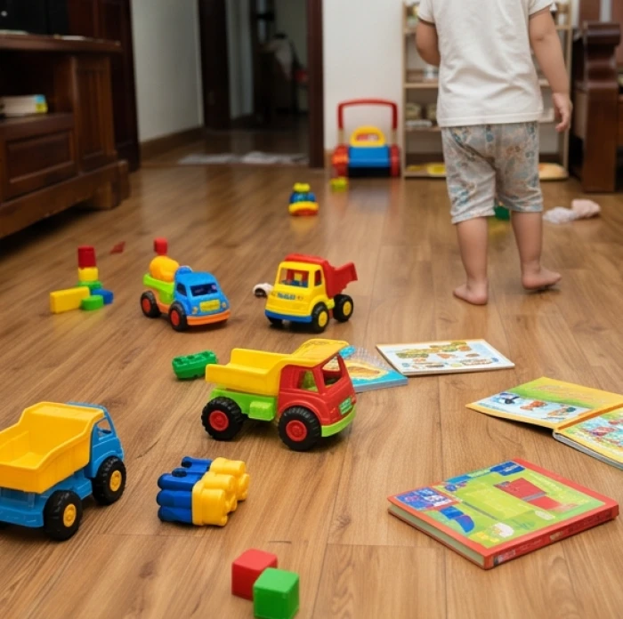 Sàn nhà rải rác nhiều món đồ chơi bị bỏ dở thể hiện sự thiếu kiên nhẫn và tính cả thèm chóng chán của trẻ
