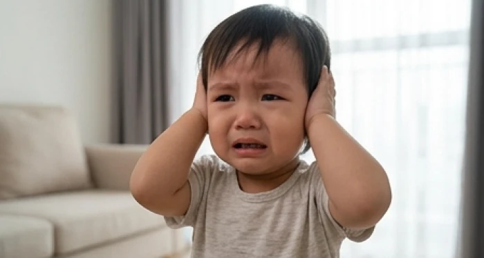 Bé Quý Mão giật mình lấy tay che tai trước tiếng ồn trong phòng khách gia đình