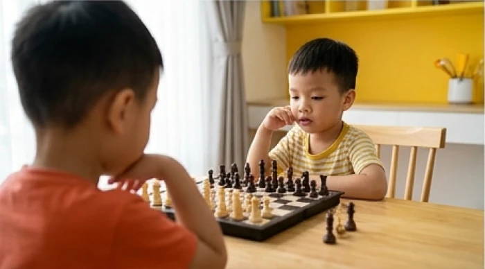 Bé trai 4 tuổi chăm chú suy nghĩ bên bàn cờ vua gỗ trong góc học tập được trang trí màu vàng ấm áp