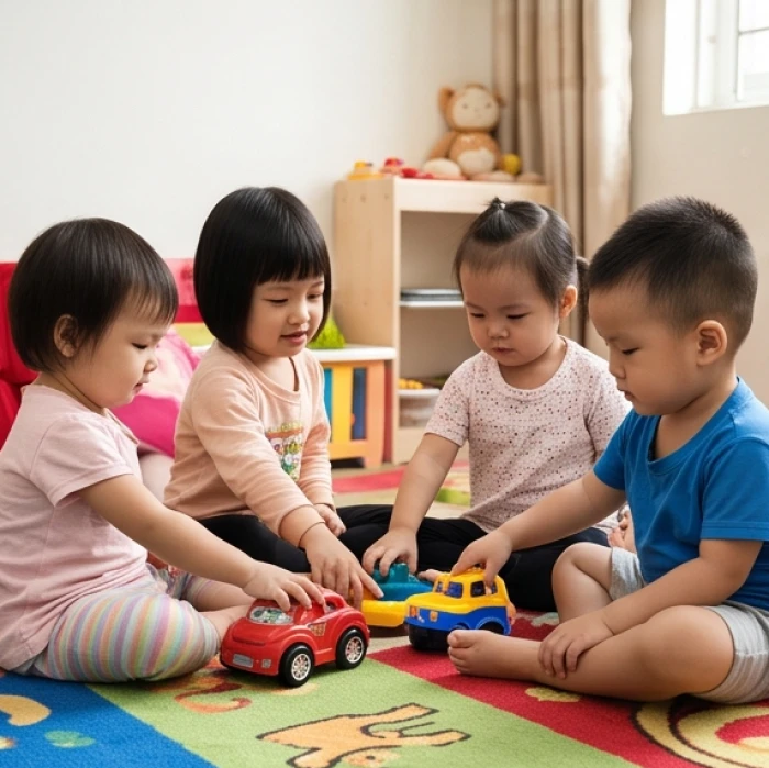 Nhóm trẻ em đang vui vẻ chia sẻ đồ chơi cùng nhau thể hiện sự điềm tĩnh và kỹ năng làm việc nhóm hòa hợp