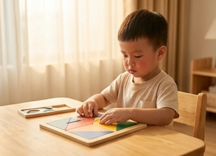 Bé trai ngồi chăm chú ghép tranh tư duy bên bàn học trong buổi sáng yên tĩnh tại nhà