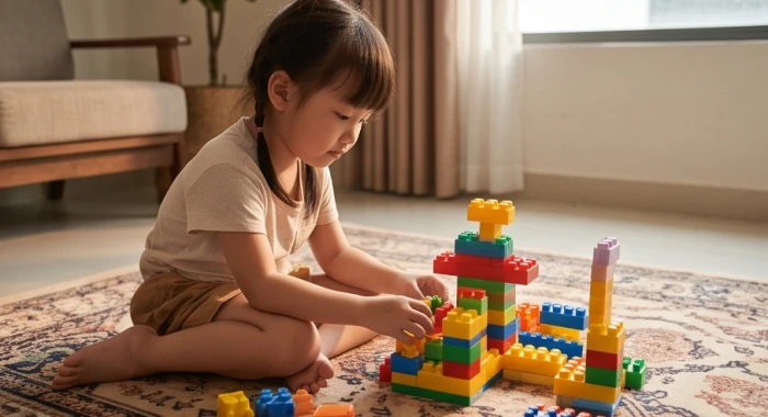 Bé gái sinh năm tân sửu 2021 chăm chú lắp ráp khối xếp hình lego với sự tập trung cao độ