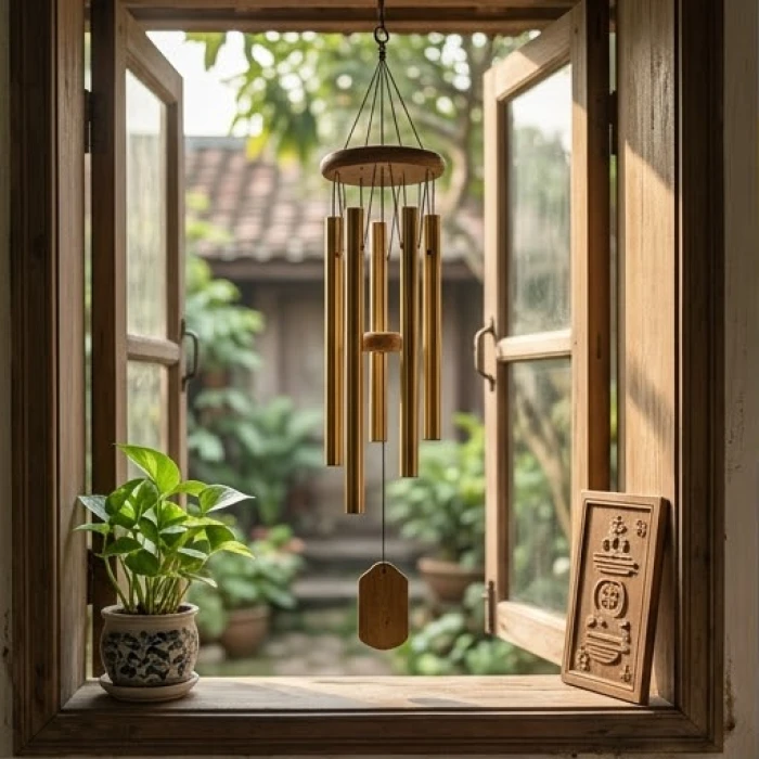 Chiếc chuông gió bằng đồng sáu ống treo bên khung cửa sổ mộc đón gió để kích hoạt hành Kim