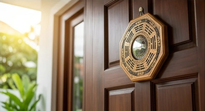 Gương bát quái lồi treo trang trọng phía trên khung cửa chính vào giờ Ngọ để phản xạ sát khí hướng Tuyệt Mệnh