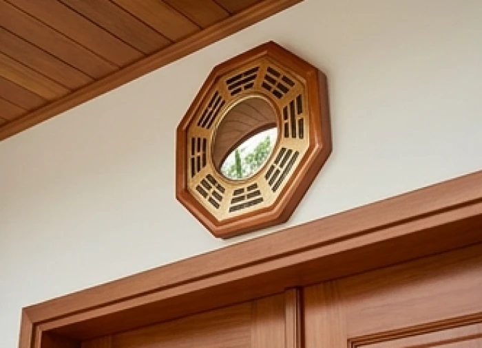 Chiếc gương bát quái lồi treo trang trọng phía trên khung cửa chính nhằm phân tán luồng sát khí chiếu thẳng vào nhà