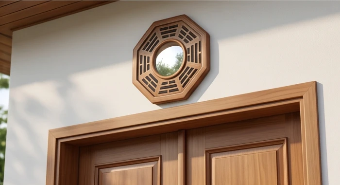 Gương bát quái gỗ treo chính giữa phía trên mép ngoài cửa chính để hóa giải hướng xấu