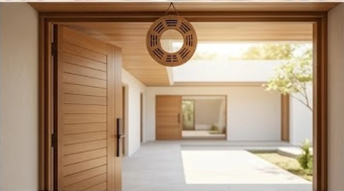 Gương bát quái được treo chắc chắn phía trên mép cửa chính của ngôi nhà và hướng mặt phản xạ ra ngoài