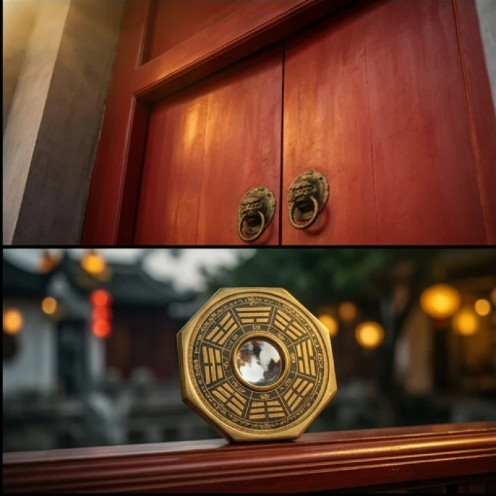 Chiếc gương đồng khắc tám quẻ được treo chắc chắn phía trên mép cửa gỗ đỏ với góc nghiêng nhẹ xuống mặt đường