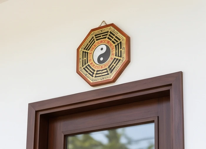 Chiếc gương bát quái lồi kích thước chuẩn được treo gọn gàng phía trên cửa chính để phản xạ luồng khí xấu