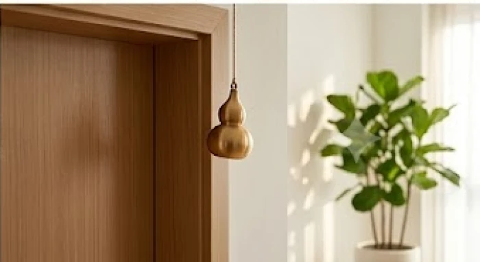 Một chiếc hồ lô bằng đồng nhỏ gọn được treo trang trọng phía trên khung cửa gỗ của không gian phòng tắm