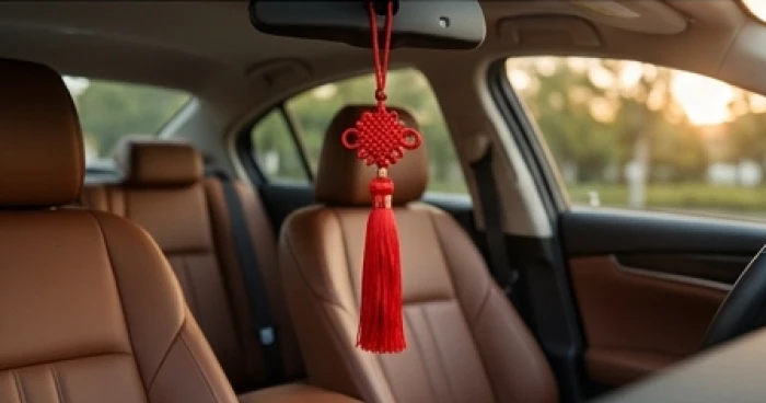 Khánh phong thủy màu đỏ treo trên gương chiếu hậu giúp bổ sung năng lượng hành Hỏa