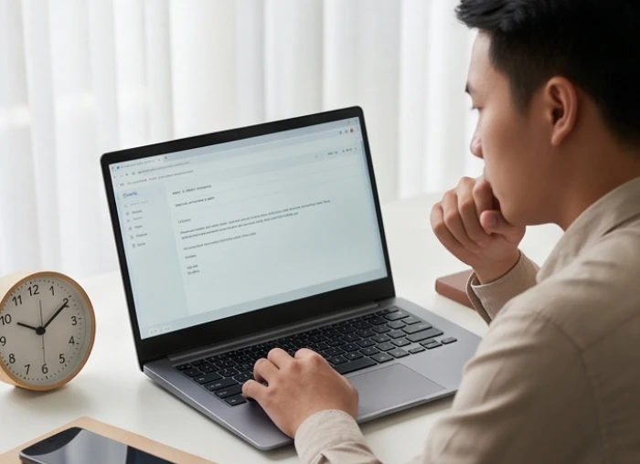 Người làm việc đắn đo suy nghĩ lâu trước thông báo quan trọng thể hiện tâm lý trì hoãn vì sợ rủi ro