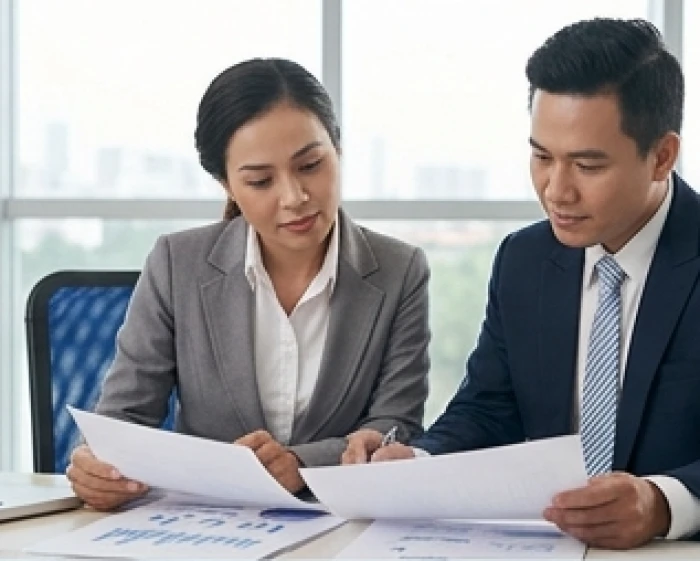 Đối tác kinh doanh thảo luận về các thủ tục giấy tờ bị trì hoãn và tìm hướng tháo gỡ rắc rối tài chính trong công việc